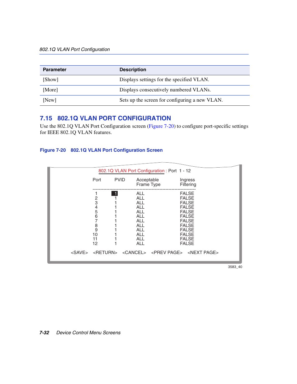 15 802.1q vlan port configuration, 1q vlan port configuration -32, 1q vlan port configuration screen | 1q vlan port configuration, Section 7.15 | Enterasys Networks 5H1XX User Manual | Page 92 / 144