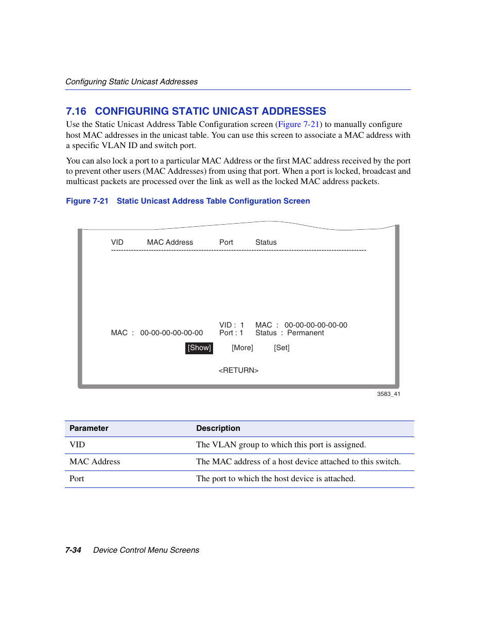 16 configuring static unicast addresses, Configuring static unicast addresses -34, Static unicast address table configuration screen | Static unicast address table configuration, Section 7.16 | Enterasys Networks 5H1XX User Manual | Page 94 / 144