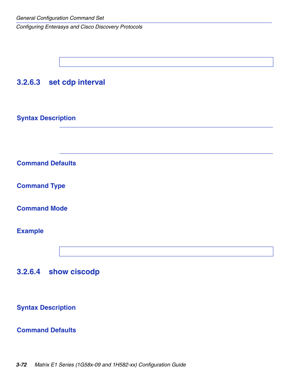 3 set cdp interval, 4 show ciscodp, Set cdp interval -72 | Show ciscodp -72, Rval, Section 3.2.6.3, Section 3.2.6.4 | Enterasys Networks 1G58x-09 User Manual | Page 120 / 808