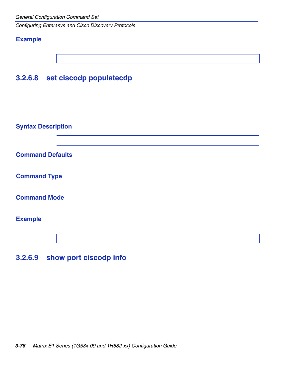 8 set ciscodp populatecdp, 9 show port ciscodp info, Set ciscodp populatecdp -76 | Show port ciscodp info -76, Section 3.2.6.8, Show port ciscodp info, Section 3.2.6.9 | Enterasys Networks 1G58x-09 User Manual | Page 124 / 808