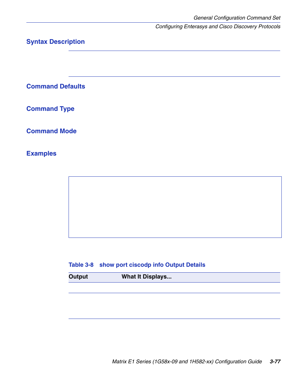 Show port ciscodp info output details | Enterasys Networks 1G58x-09 User Manual | Page 125 / 808