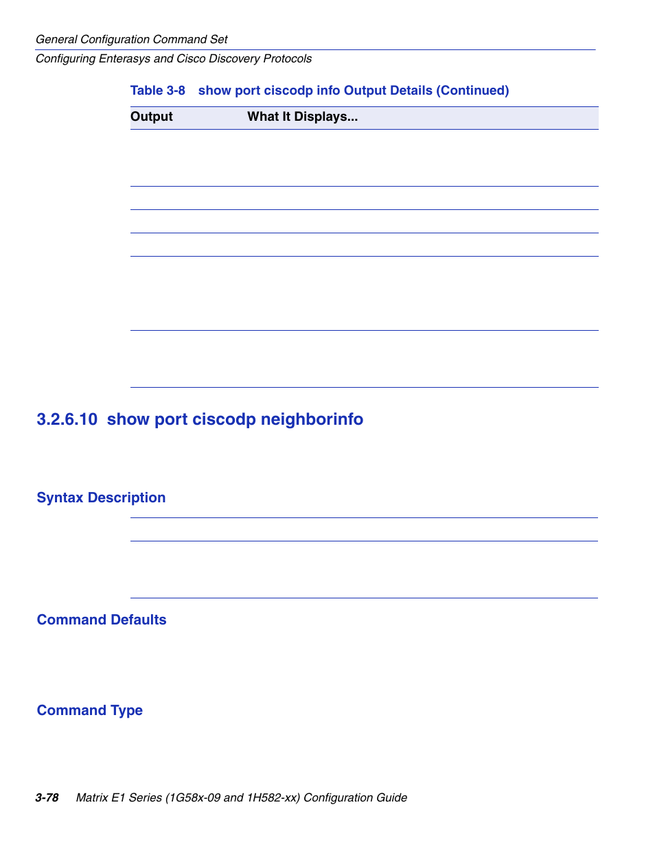 10 show port ciscodp neighborinfo, Show port ciscodp neighborinfo -78, Ighborinfo | Section 3.2.6.10 | Enterasys Networks 1G58x-09 User Manual | Page 126 / 808