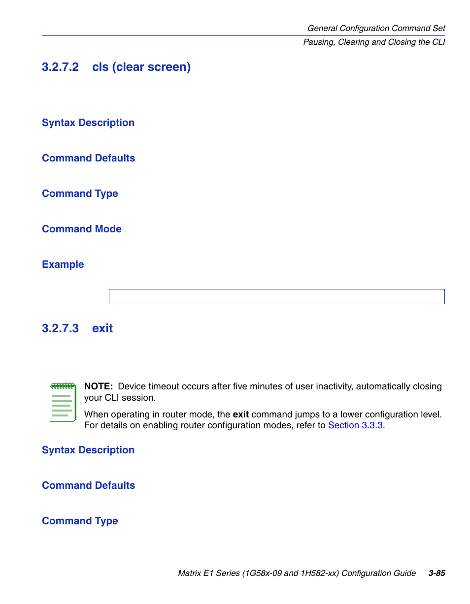 2 cls (clear screen), 3 exit, Cls (clear screen) -85 | Exit -85, Section 3.2.7.2, Exit, Section 3.2.7.3 | Enterasys Networks 1G58x-09 User Manual | Page 133 / 808