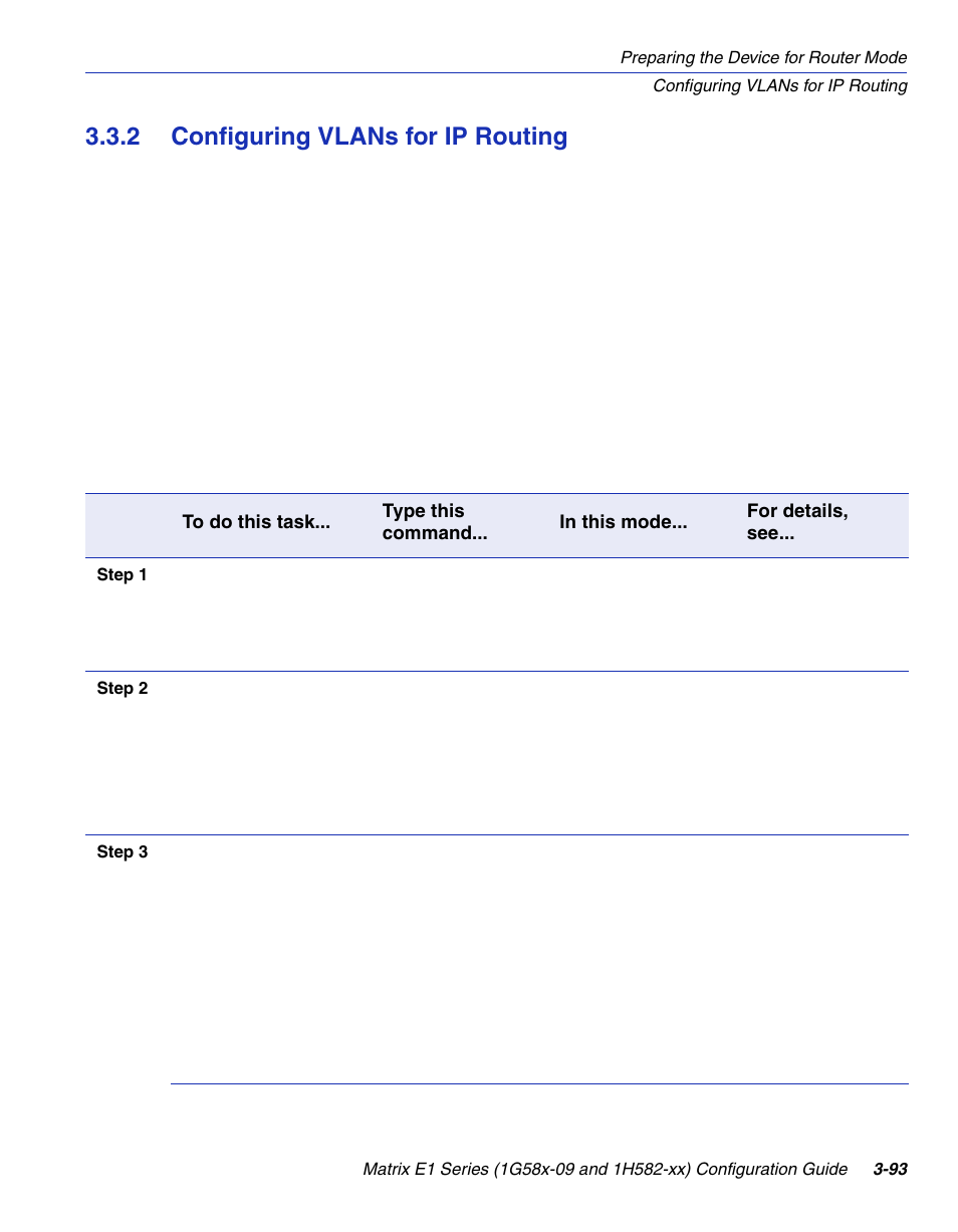 2 configuring vlans for ip routing, Configuring vlans for ip routing -93, Command set for configuring vlans for ip routing | Section 3.3.2 | Enterasys Networks 1G58x-09 User Manual | Page 141 / 808