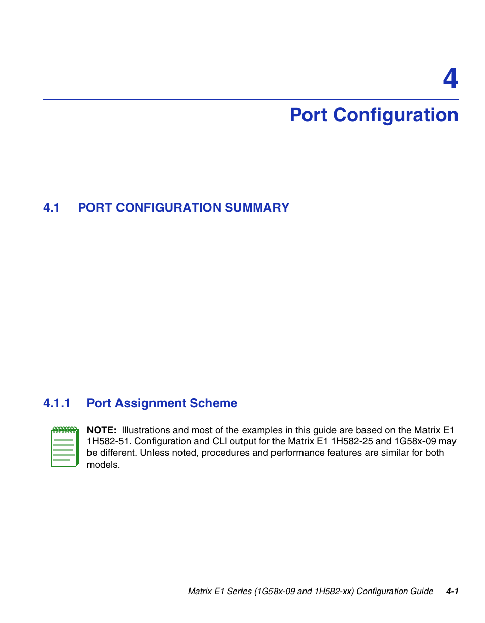 Port configuration, 1 port configuration summary, 1 port assignment scheme | Port configuration summary -1 4.1.1, Port assignment scheme -1, Chapter 4, Descri | Enterasys Networks 1G58x-09 User Manual | Page 147 / 808