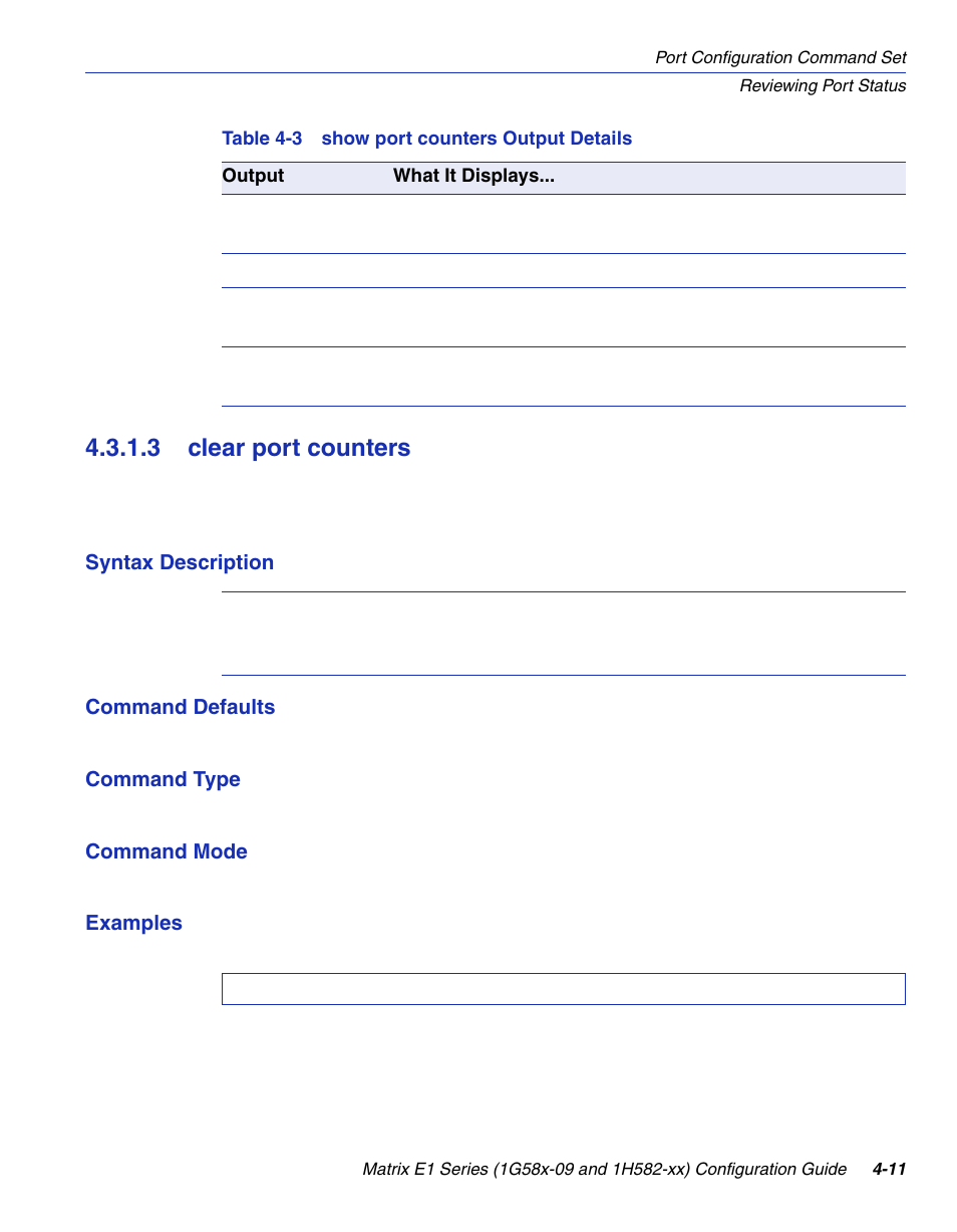 3 clear port counters, Clear port counters -11, Show port counters output details | Counters, Section 4.3.1.3 | Enterasys Networks 1G58x-09 User Manual | Page 157 / 808