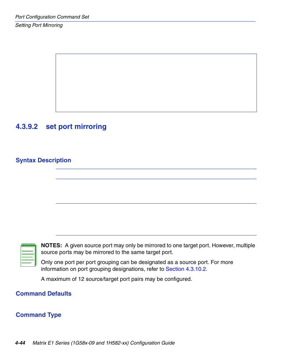 2 set port mirroring, Set port mirroring -44, Section 4.3.9.2 | Enterasys Networks 1G58x-09 User Manual | Page 190 / 808