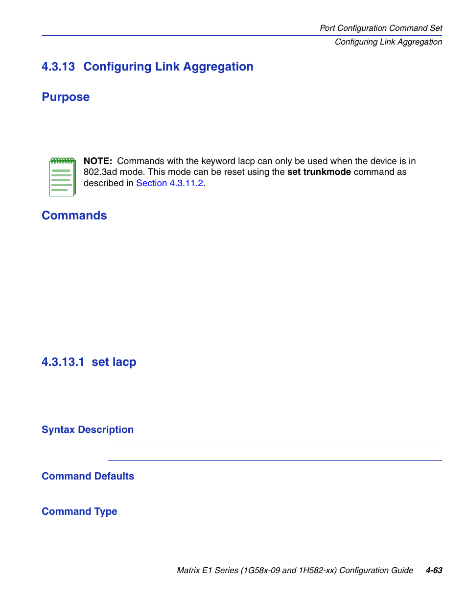 13 configuring link aggregation, 1 set lacp, Configuring link aggregation -63 4.3.13.1 | Set lacp -63, Section 4.3.13, Section 4.3.13.1, 13 configuring link aggregation purpose, Commands | Enterasys Networks 1G58x-09 User Manual | Page 209 / 808