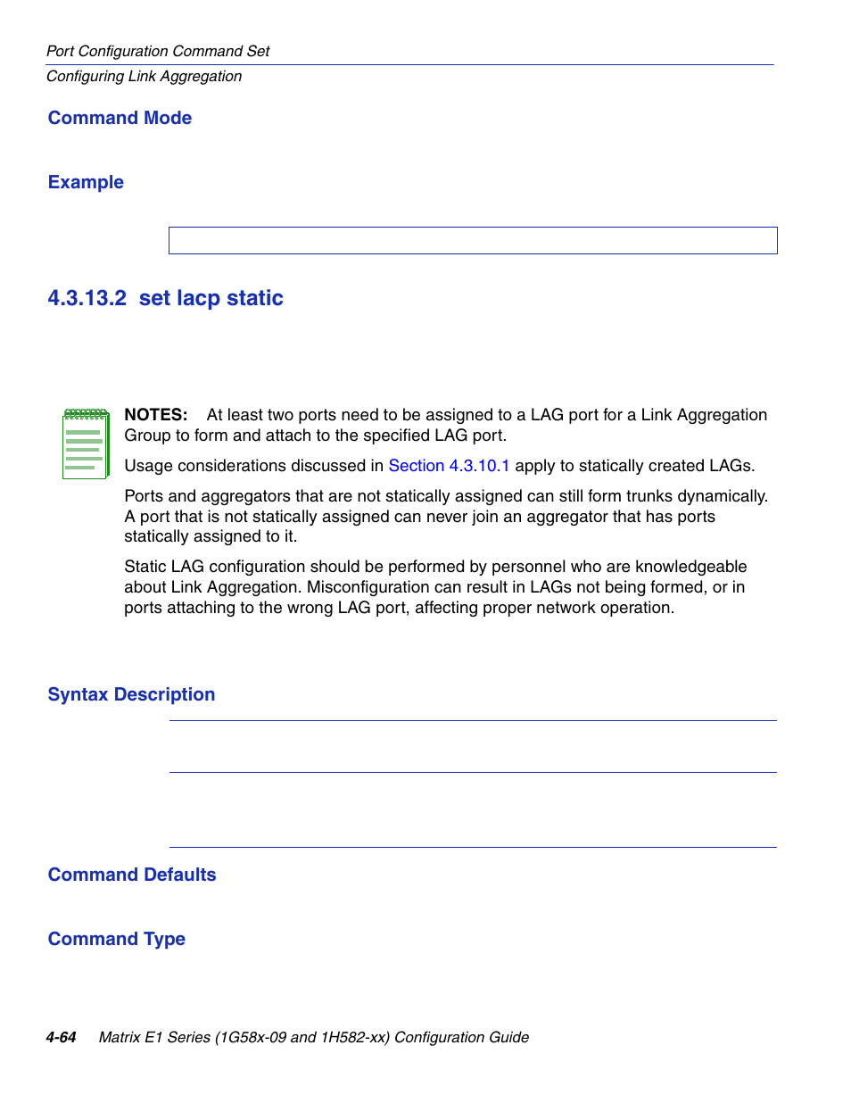 2 set lacp static, Set lacp static -64, Section 4.3.13.2 | Enterasys Networks 1G58x-09 User Manual | Page 210 / 808