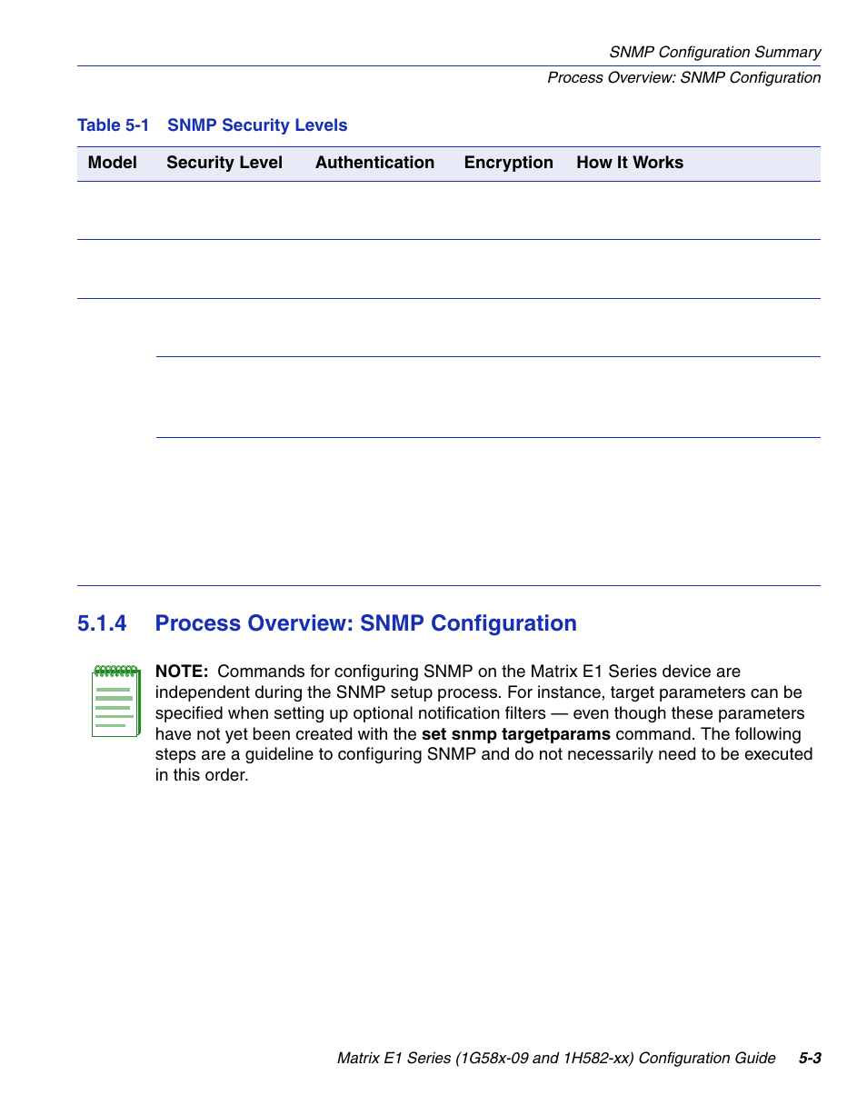 4 process overview: snmp configuration, Process overview: snmp configuration -3, Snmp security levels | Enterasys Networks 1G58x-09 User Manual | Page 225 / 808