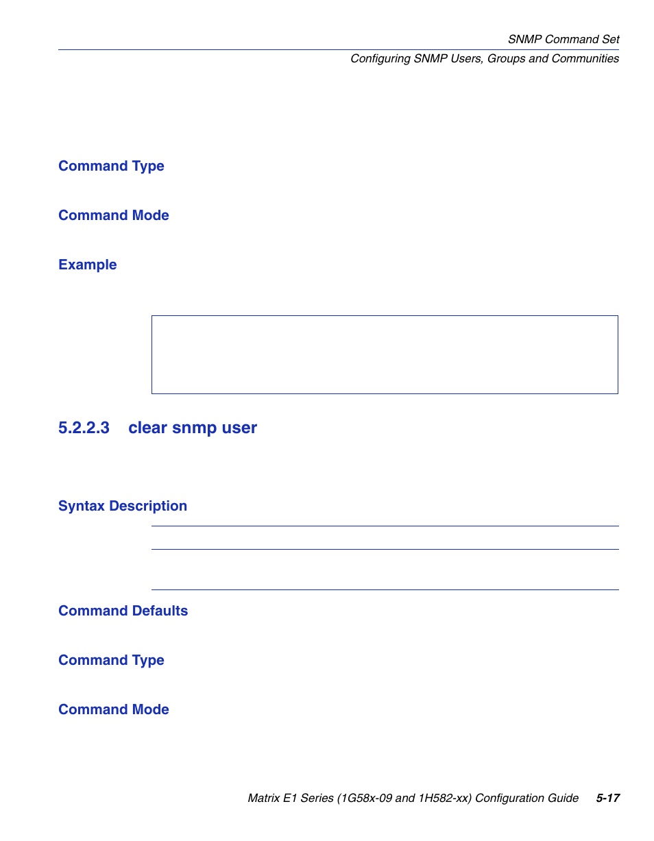 3 clear snmp user, Clear snmp user -17, Section 5.2.2.3 | Enterasys Networks 1G58x-09 User Manual | Page 239 / 808