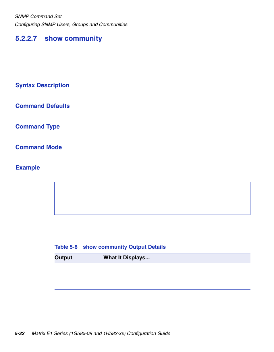 7 show community, Show community -22, Show community output details | Section 5.2.2.7 | Enterasys Networks 1G58x-09 User Manual | Page 244 / 808