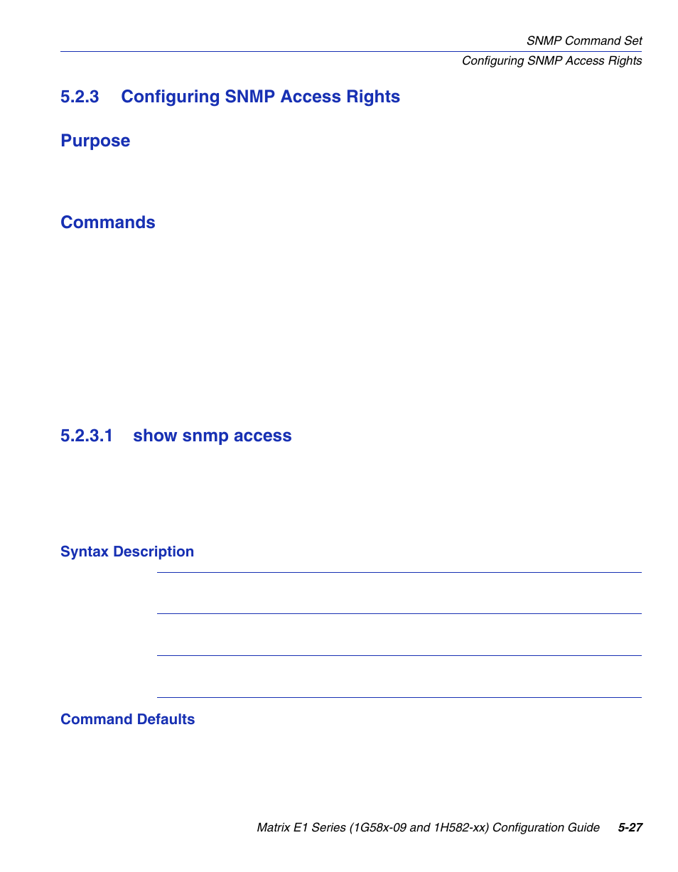 3 configuring snmp access rights, 1 show snmp access, Configuring snmp access rights -27 5.2.3.1 | Show snmp access -27, S rights, Section 5.2.3, 3 configuring snmp access rights purpose, Commands | Enterasys Networks 1G58x-09 User Manual | Page 249 / 808