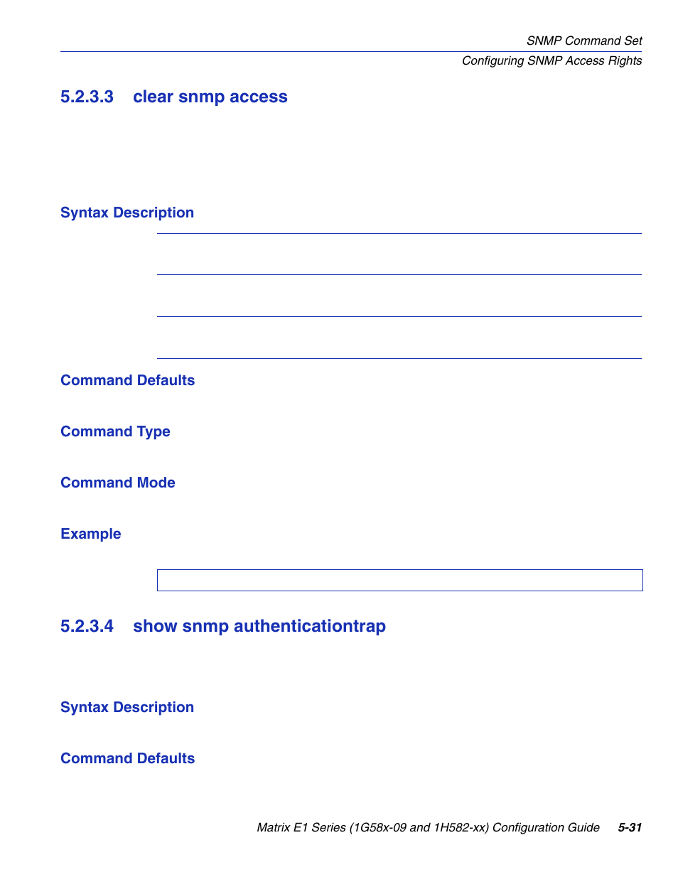 3 clear snmp access, 4 show snmp authenticationtrap, Clear snmp access -31 | Show snmp authenticationtrap -31, Section 5.2.3.3, Show snmp authenticationtrap, Section 5.2.3.4 | Enterasys Networks 1G58x-09 User Manual | Page 253 / 808