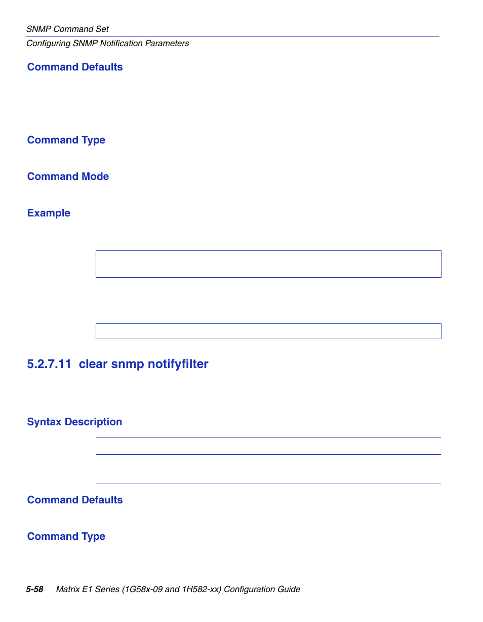 11 clear snmp notifyfilter, Clear snmp notifyfilter -58, Section 5.2.7.11 | Enterasys Networks 1G58x-09 User Manual | Page 280 / 808