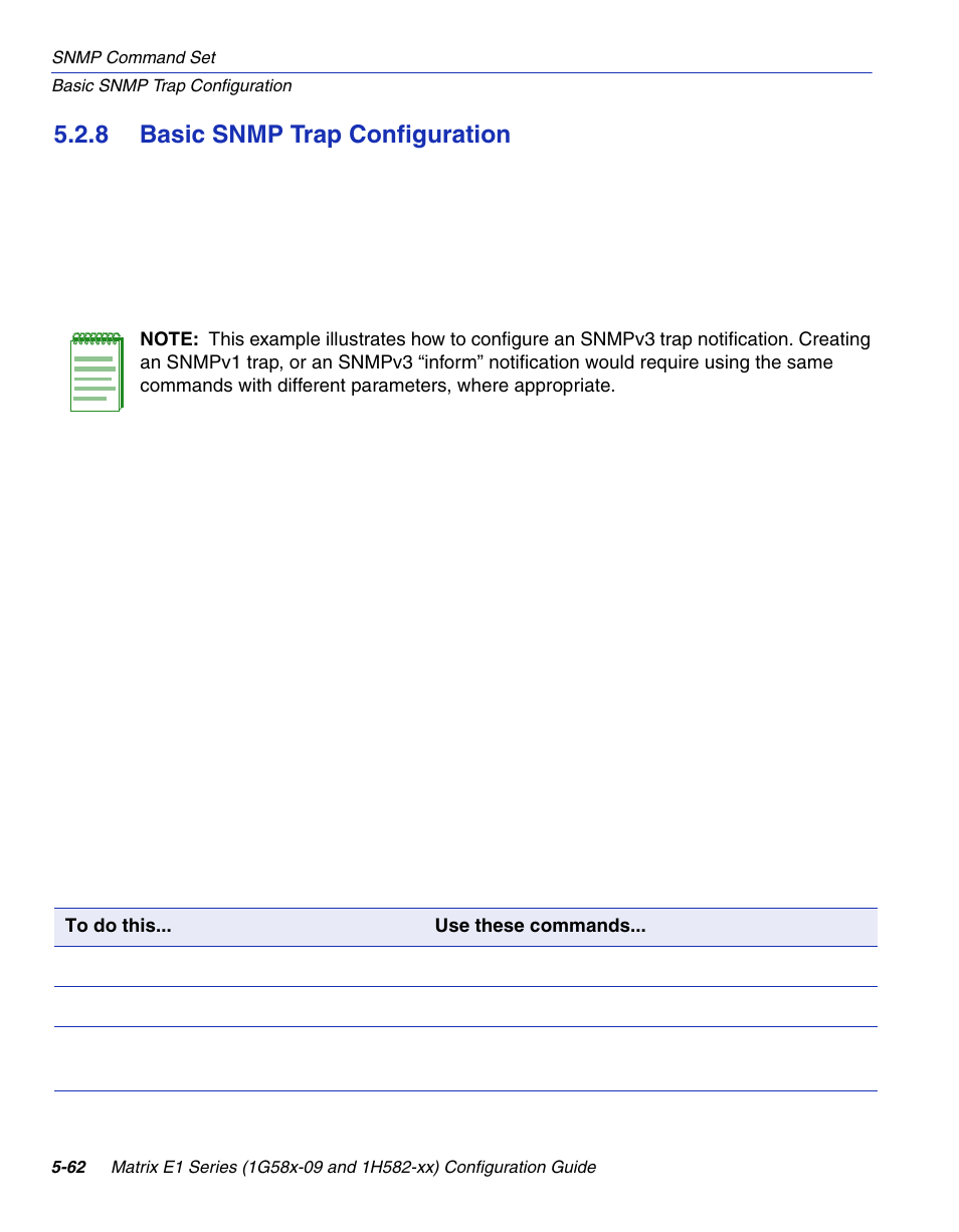 8 basic snmp trap configuration, Basic snmp trap configuration -62, Basic snmp trap configuration command set | Ication, Section 5.2.8, Fer to | Enterasys Networks 1G58x-09 User Manual | Page 284 / 808