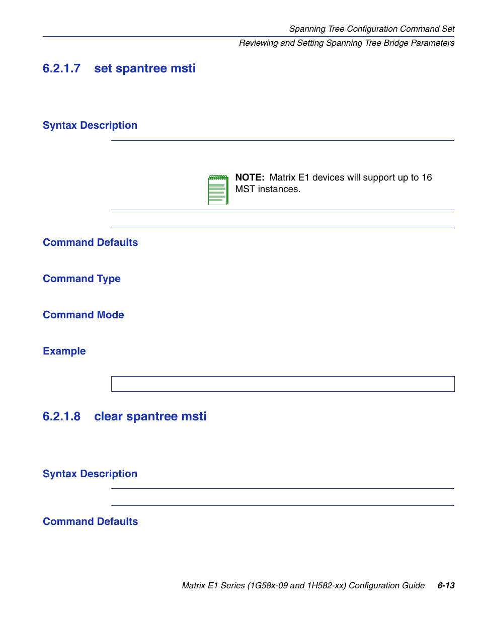 7 set spantree msti, 8 clear spantree msti, Set spantree msti -13 | Clear spantree msti -13, Section 6.2.1.7, Section 6.2.1.8, Command | Enterasys Networks 1G58x-09 User Manual | Page 299 / 808