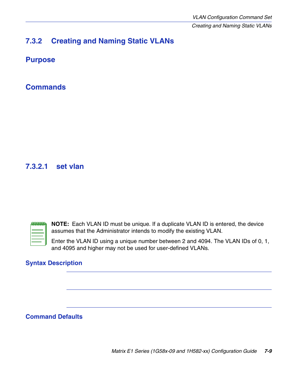 2 creating and naming static vlans, 1 set vlan, Creating and naming static vlans -9 7.3.2.1 | Set vlan -9, Section 7.3.2.1, Section 7.3.2, 2 creating and naming static vlans purpose, Commands | Enterasys Networks 1G58x-09 User Manual | Page 351 / 808