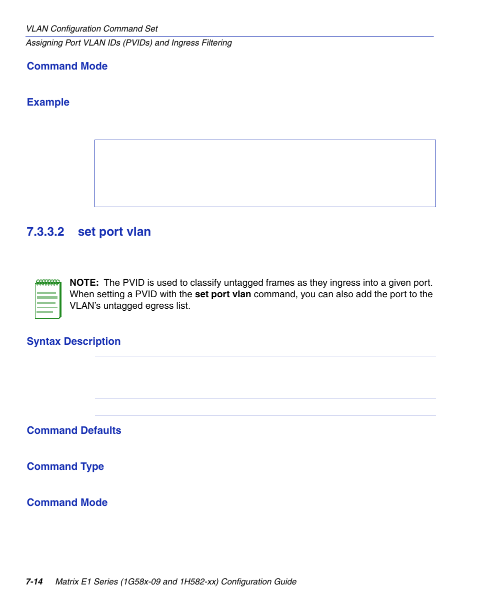 2 set port vlan, Set port vlan -14, Section 7.3.3.2 | Enterasys Networks 1G58x-09 User Manual | Page 356 / 808