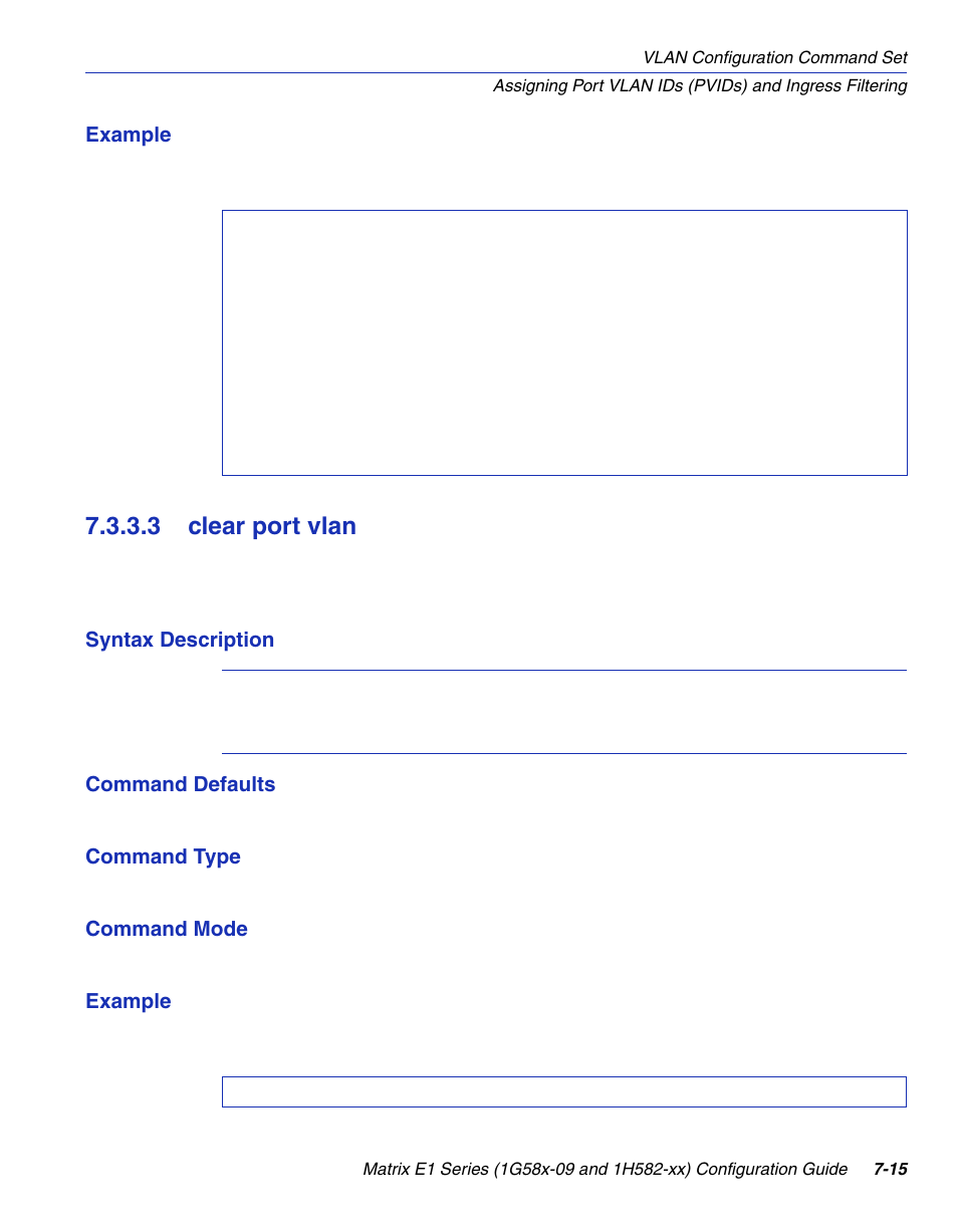 3 clear port vlan, Clear port vlan -15, Section 7.3.3.3 | Enterasys Networks 1G58x-09 User Manual | Page 357 / 808