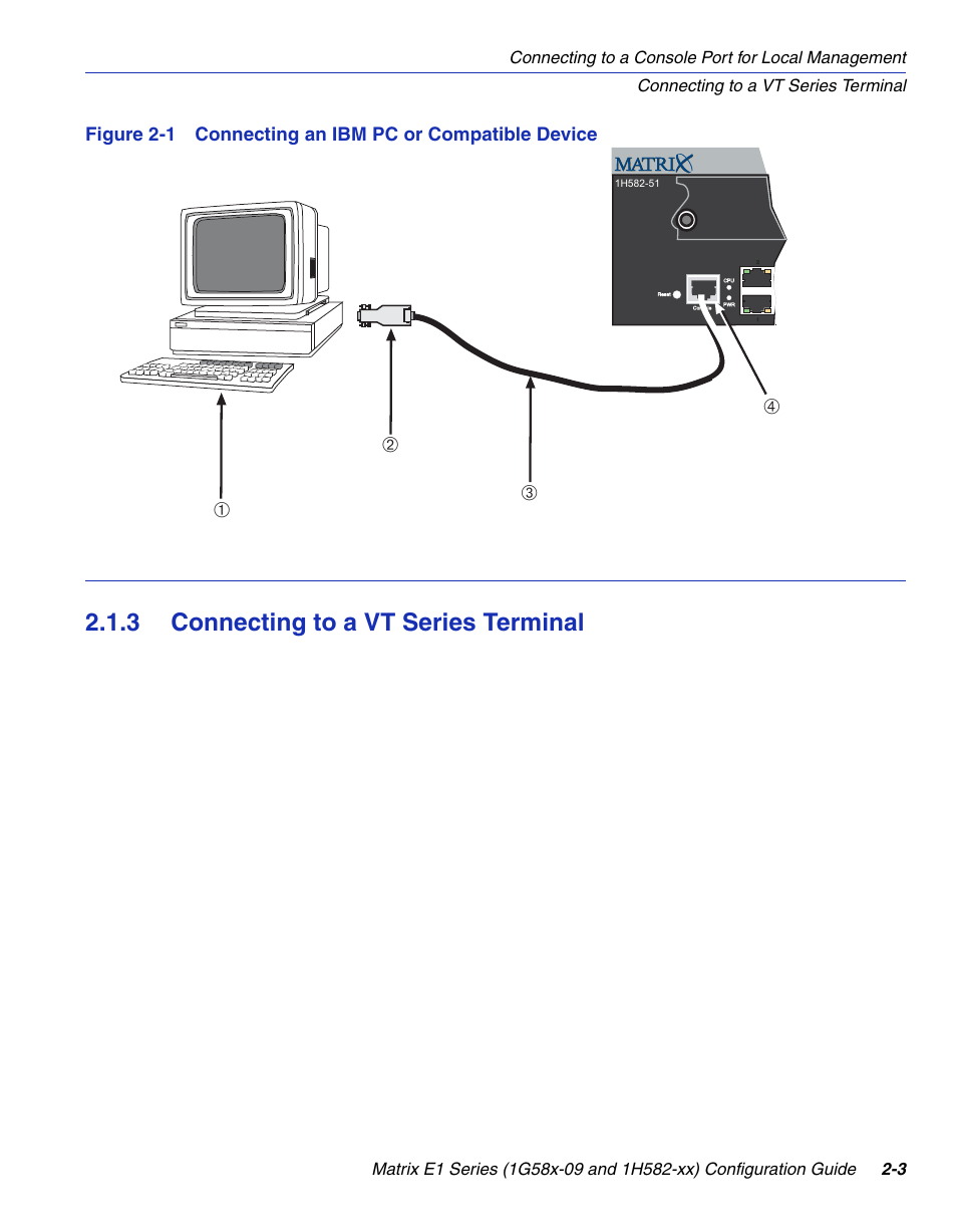 3 connecting to a vt series terminal, Connecting to a vt series terminal -3, Connecting an ibm pc or compatible device -3 | Section 2.1.3, Figure 2-1, Бв а | Enterasys Networks 1G58x-09 User Manual | Page 43 / 808