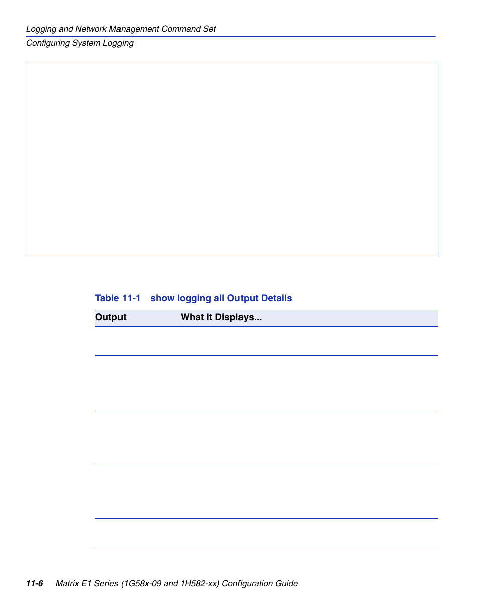 Show logging all output details | Enterasys Networks 1G58x-09 User Manual | Page 476 / 808
