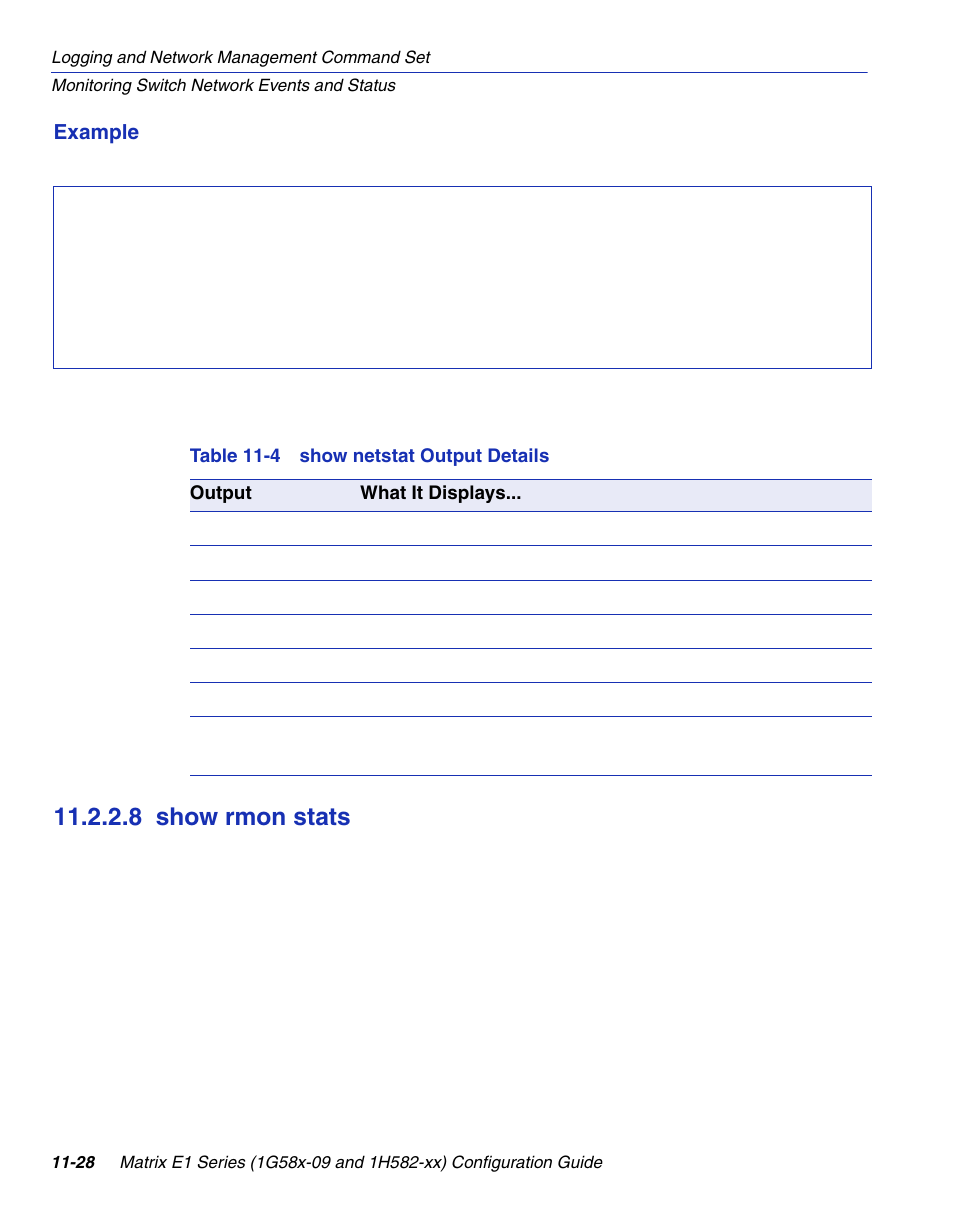 8 show rmon stats, Show rmon stats -28, Show netstat output details | Section 11.2.2.8 | Enterasys Networks 1G58x-09 User Manual | Page 498 / 808