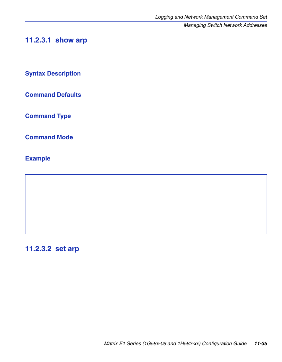 1 show arp, 2 set arp, Show arp -35 | Set arp -35, Section 11.2.3.1, Section 11.2.3.2 | Enterasys Networks 1G58x-09 User Manual | Page 505 / 808