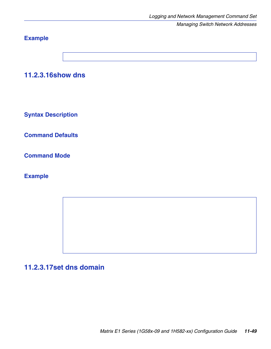 16 show dns, 17 set dns domain, Show dns -49 | Set dns domain -49, Section 11.2.3.16, Section 11.2.3.17, 16show dns, 17set dns domain | Enterasys Networks 1G58x-09 User Manual | Page 519 / 808