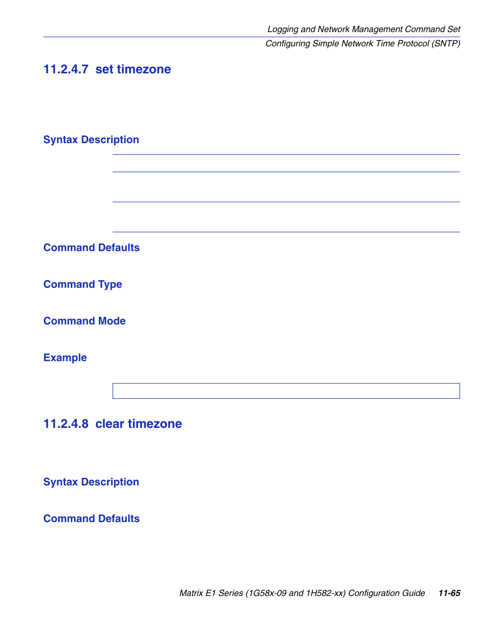 7 set timezone, 8 clear timezone, Set timezone -65 | Clear timezone -65, Section 11.2.4.7, Section 11.2.4.8 | Enterasys Networks 1G58x-09 User Manual | Page 535 / 808