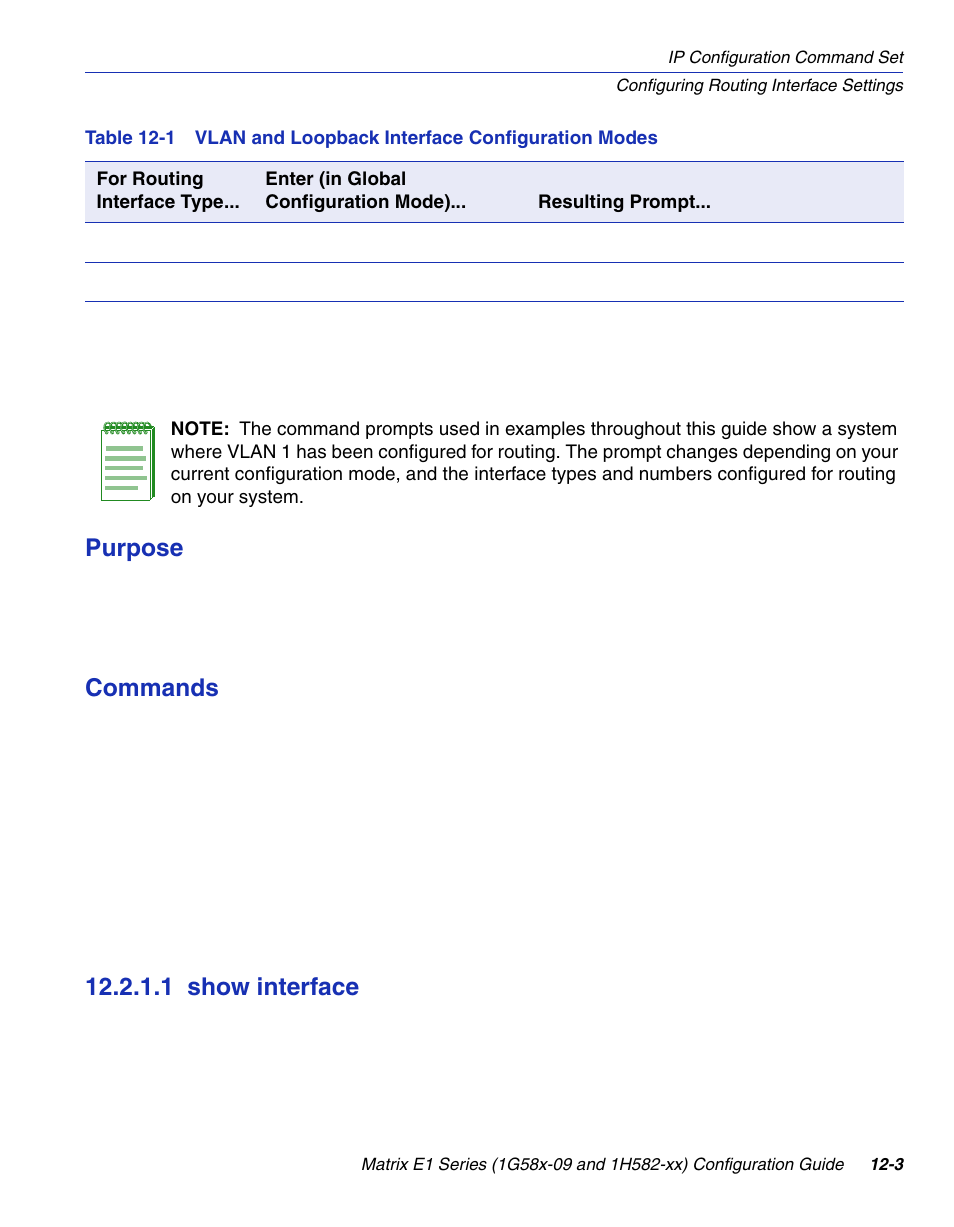 1 show interface, Show interface -3, Vlan and loopback interface configuration modes | Purpose, Commands | Enterasys Networks 1G58x-09 User Manual | Page 559 / 808