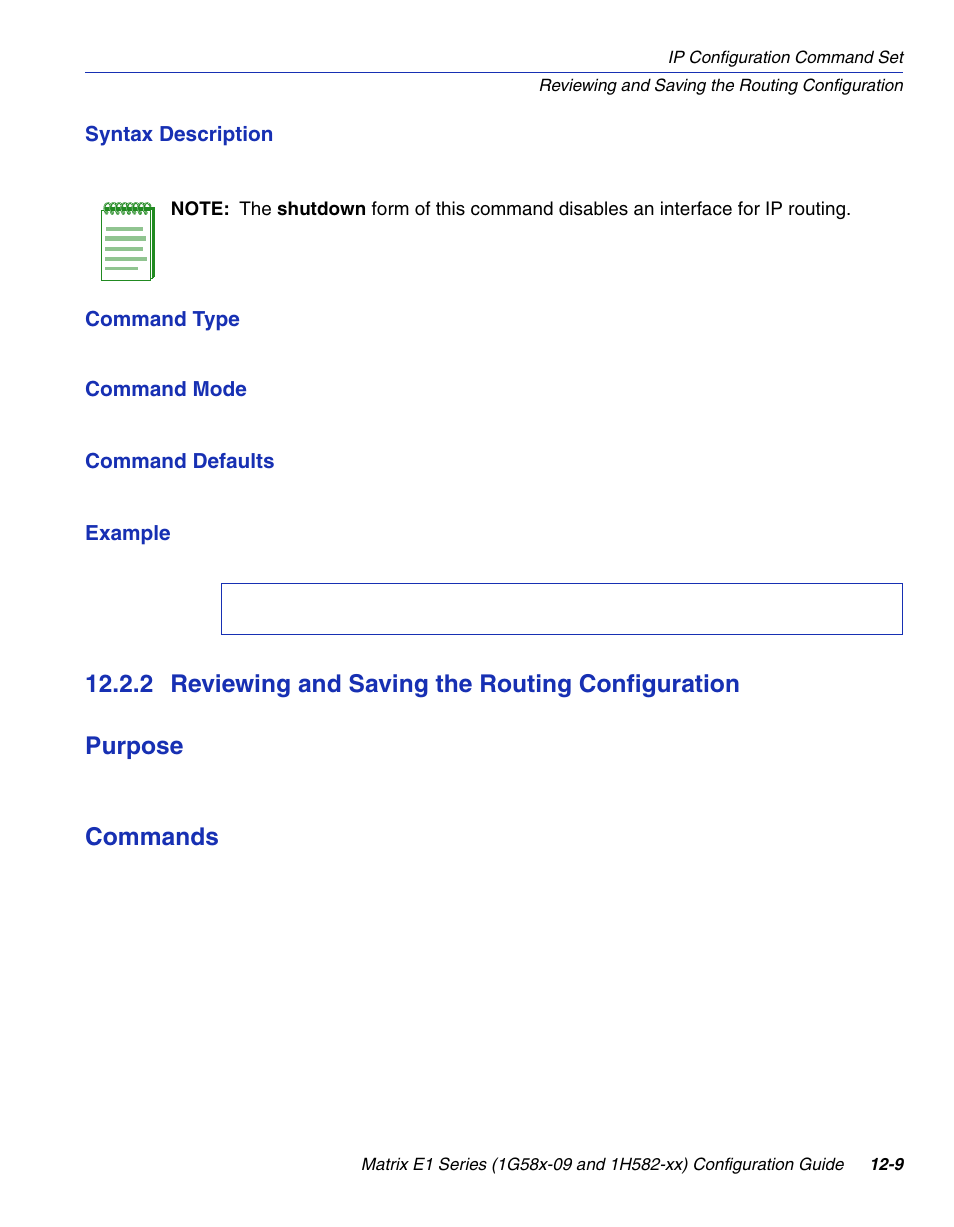 2 reviewing and saving the routing configuration, Reviewing and saving the routing configuration -9, Section 12.2.2 | Commands | Enterasys Networks 1G58x-09 User Manual | Page 565 / 808