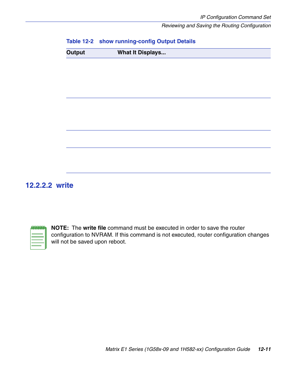 2 write, Write -11, Show running-config output details | Section 12.2.2.2, Write | Enterasys Networks 1G58x-09 User Manual | Page 567 / 808