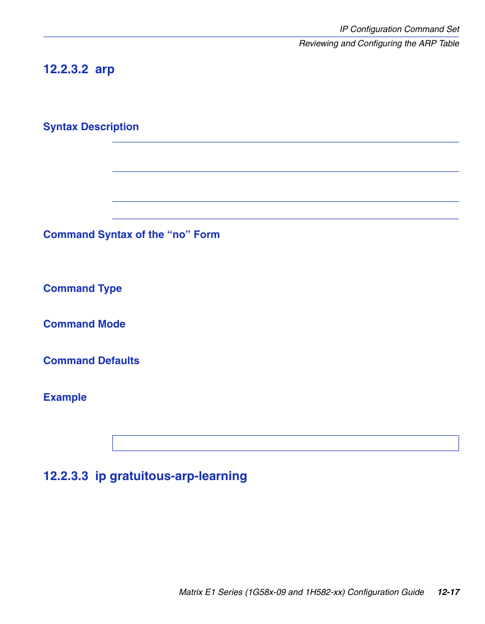 2 arp, 3 ip gratuitous-arp-learning, Arp -17 | Ip gratuitous-arp-learning -17, Section 12.2.3.2, Section 12.2.3.3 | Enterasys Networks 1G58x-09 User Manual | Page 573 / 808