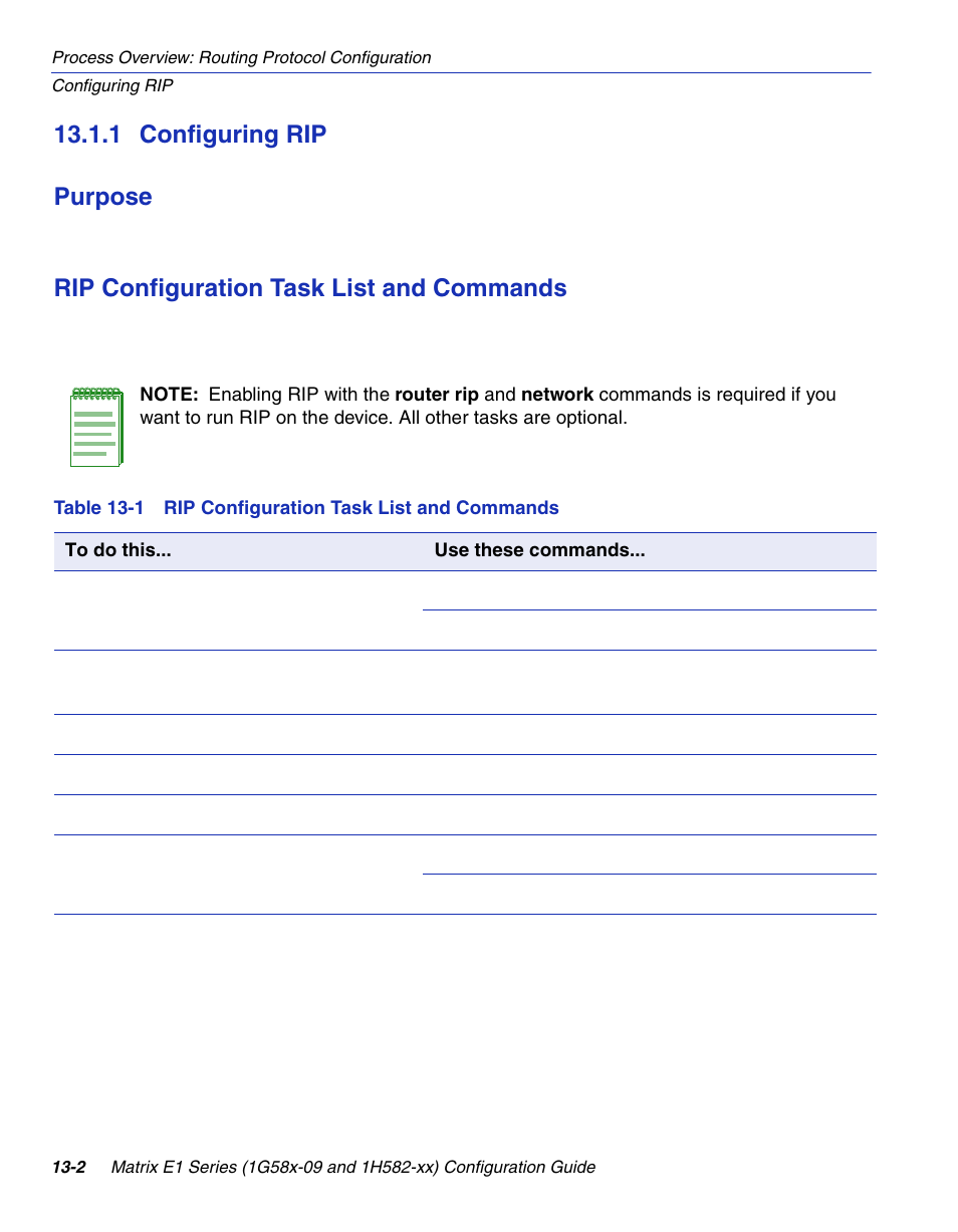 1 configuring rip, Configuring rip -2, Rip configuration task list and commands | Section 13.1.1, 1 configuring rip purpose | Enterasys Networks 1G58x-09 User Manual | Page 596 / 808