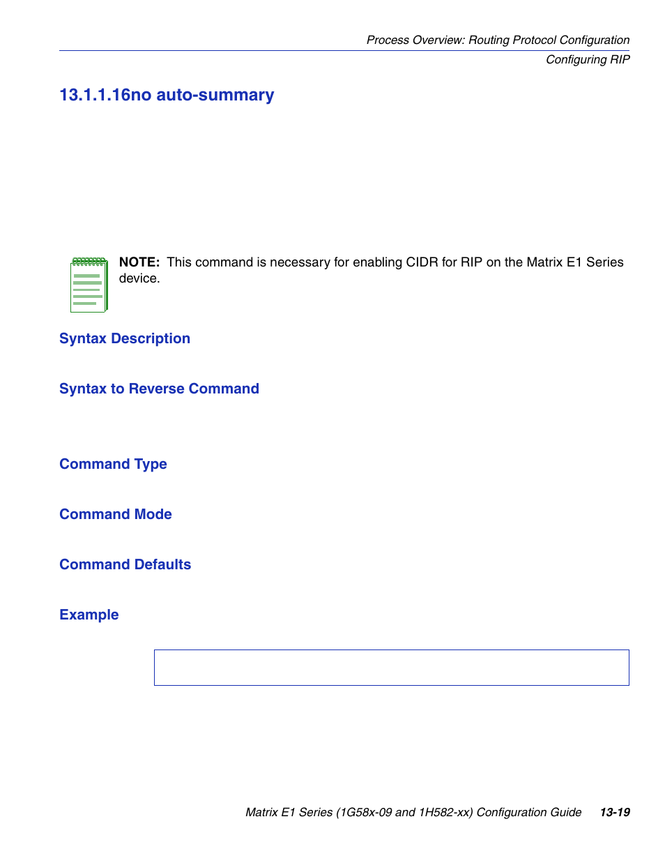 16 no auto-summary, No auto-summary -19, Section 13.1.1.16 | 16no auto-summary | Enterasys Networks 1G58x-09 User Manual | Page 613 / 808
