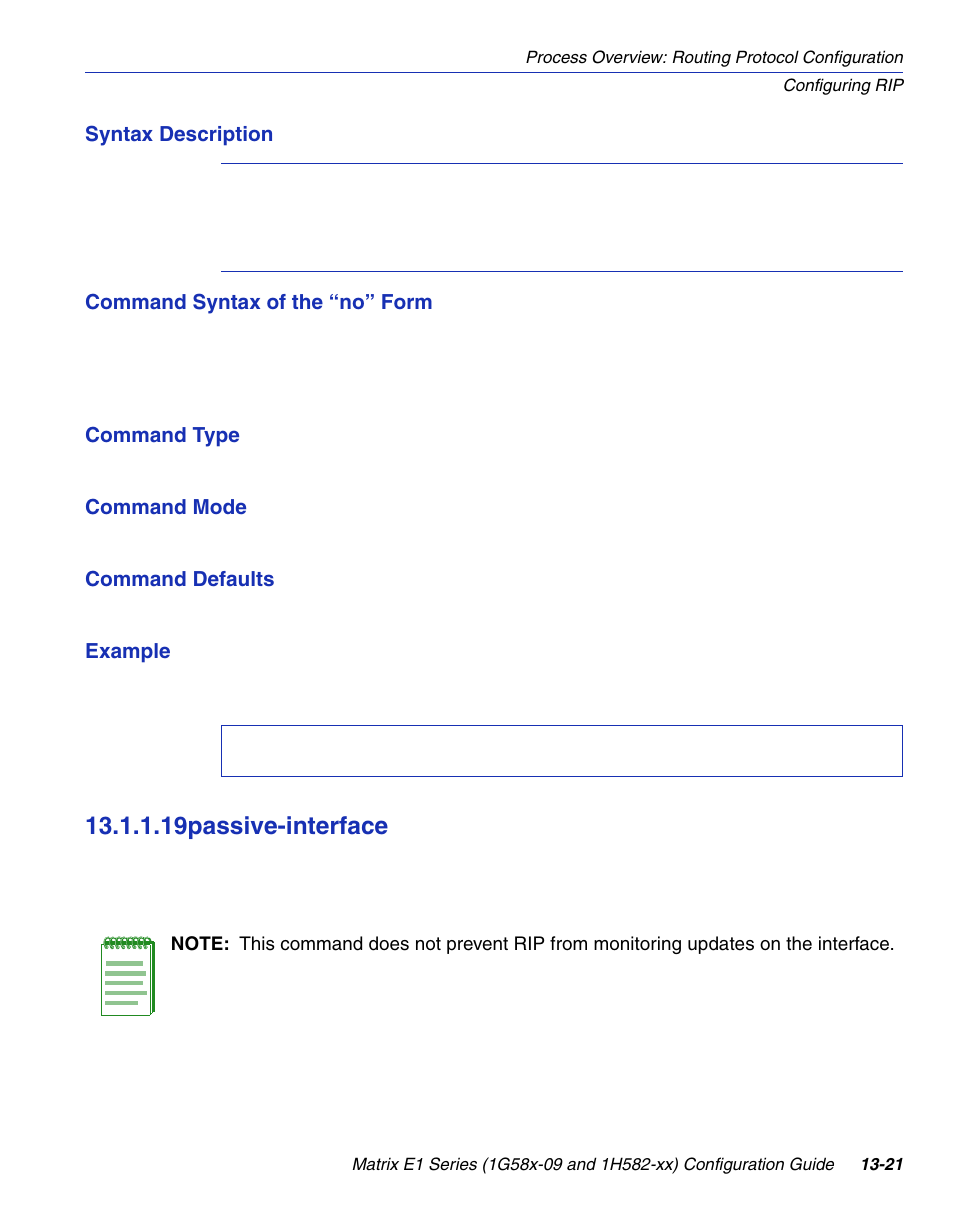 19 passive-interface, Passive-interface -21, Section 13.1.1.19 | 19passive-interface | Enterasys Networks 1G58x-09 User Manual | Page 615 / 808