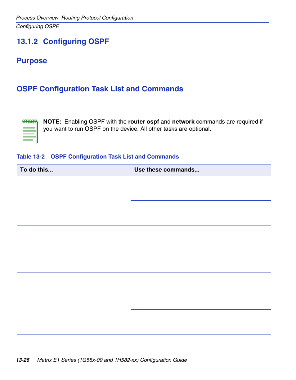 2 configuring ospf, Configuring ospf -26, Ospf configuration task list and commands | Section 13.1.2, 2 configuring ospf purpose | Enterasys Networks 1G58x-09 User Manual | Page 620 / 808