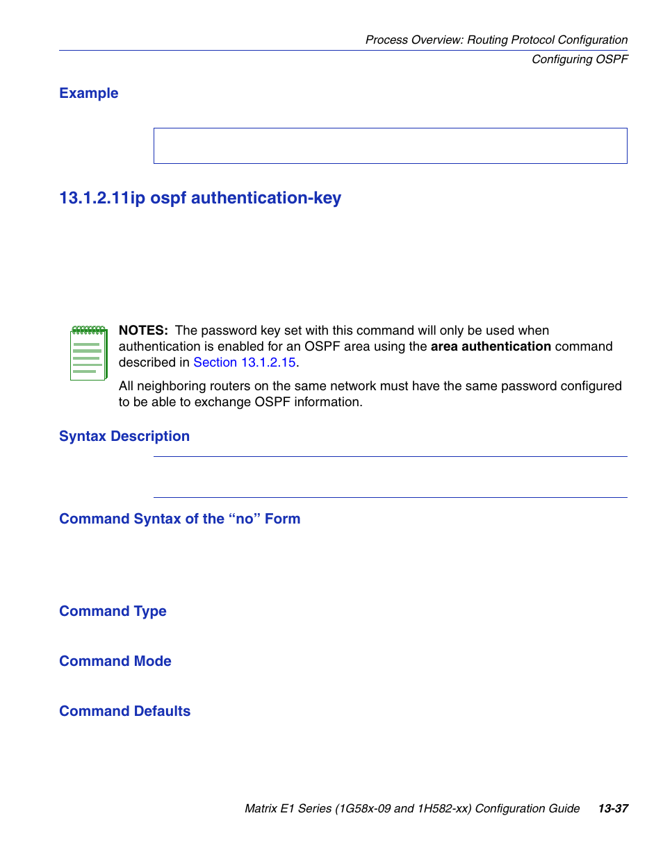 11 ip ospf authentication-key, Ip ospf authentication-key -37, Section 13.1.2.11 | 11ip ospf authentication-key | Enterasys Networks 1G58x-09 User Manual | Page 631 / 808