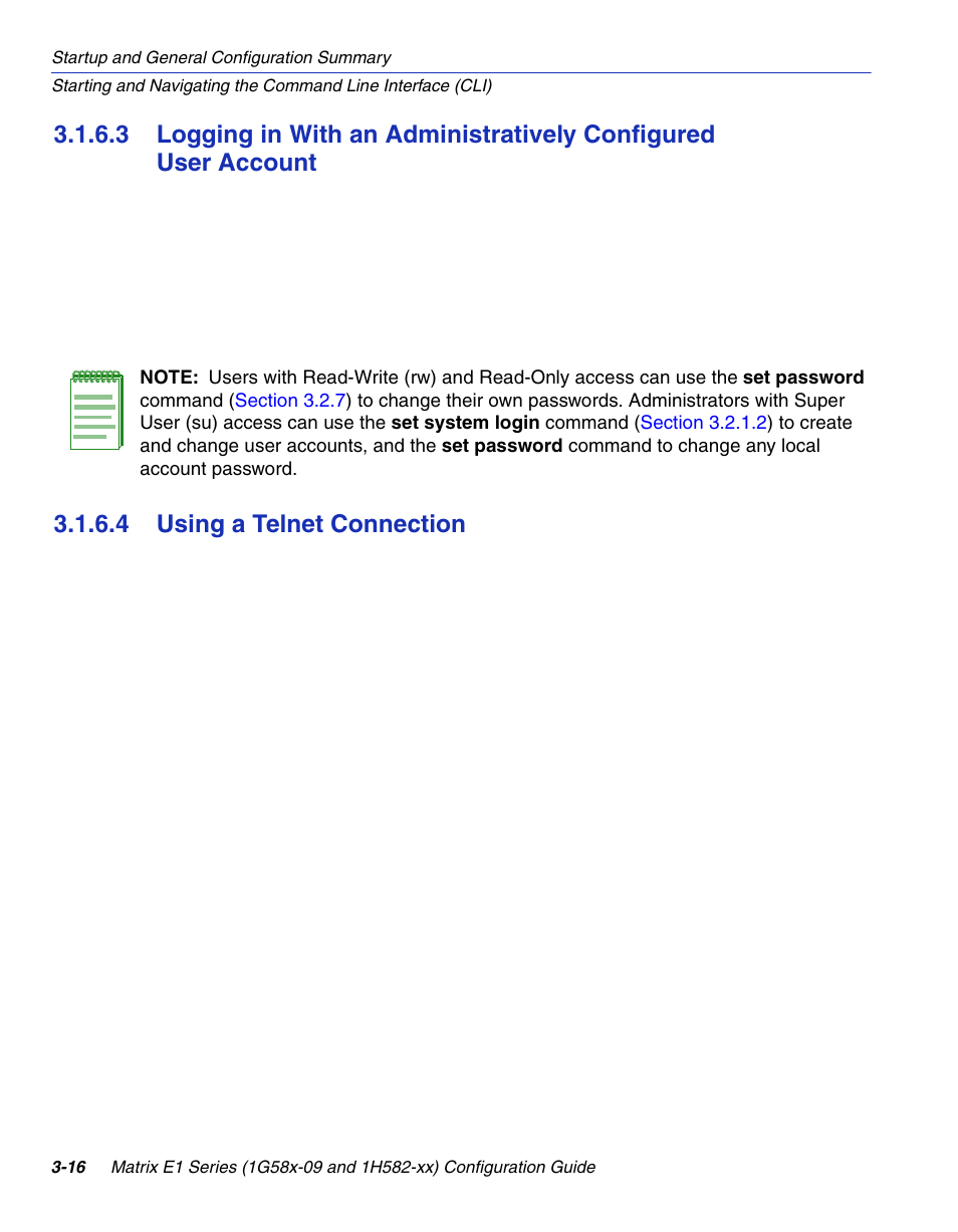 4 using a telnet connection, Using a telnet connection -16, Section 3.1.6.3 | Enterasys Networks 1G58x-09 User Manual | Page 64 / 808