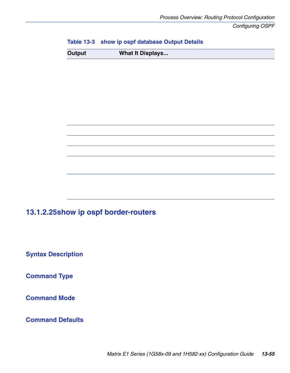 25 show ip ospf border-routers, Show ip ospf border-routers -55, Show ip ospf database output details | Section 13.1.2.25, 25show ip ospf border-routers | Enterasys Networks 1G58x-09 User Manual | Page 649 / 808