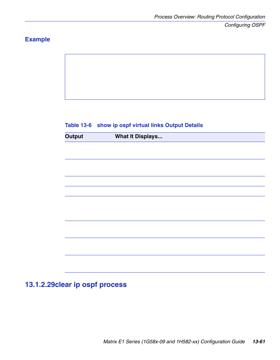 29 clear ip ospf process, Clear ip ospf process -61, Table | Show ip ospf virtual links output details, Section 13.1.2.29, 29clear ip ospf process | Enterasys Networks 1G58x-09 User Manual | Page 655 / 808