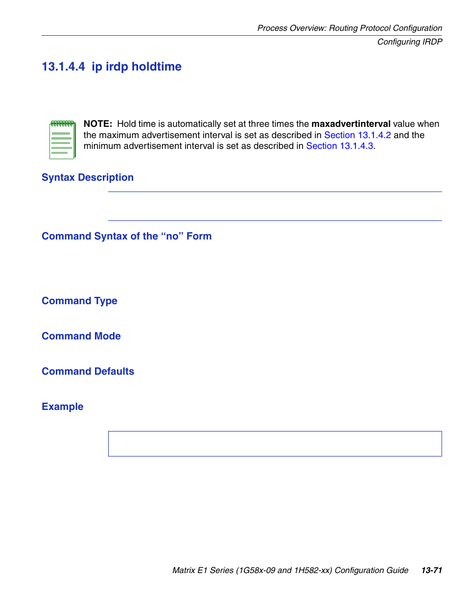 4 ip irdp holdtime, Ip irdp holdtime -71, Section 13.1.4.4 | Enterasys Networks 1G58x-09 User Manual | Page 665 / 808