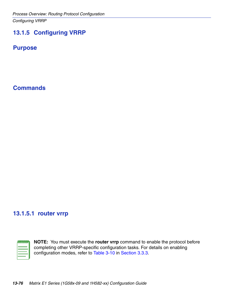 5 configuring vrrp, 1 router vrrp, Configuring vrrp -76 13.1.5.1 | Router vrrp -76, Section 13.1.5, 5 configuring vrrp purpose, Commands | Enterasys Networks 1G58x-09 User Manual | Page 670 / 808
