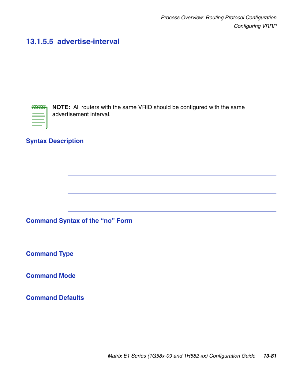 5 advertise-interval, Advertise-interval -81, Section 13.1.5.5 | Enterasys Networks 1G58x-09 User Manual | Page 675 / 808