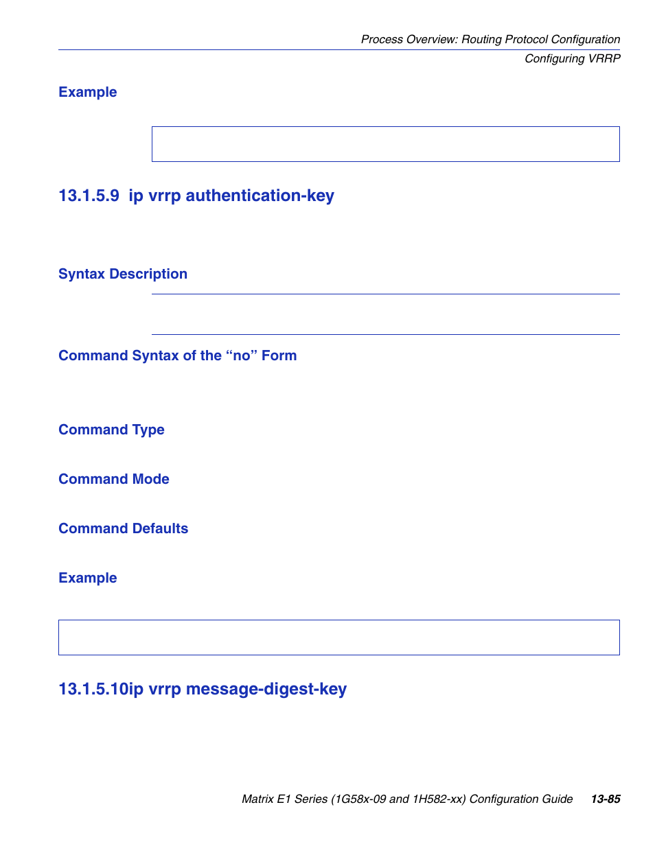 9 ip vrrp authentication-key, 10 ip vrrp message-digest-key, Ip vrrp authentication-key -85 | Ip vrrp message-digest-key -85, Section 13.1.5.9, Section 13.1.5.10, 10ip vrrp message-digest-key | Enterasys Networks 1G58x-09 User Manual | Page 679 / 808