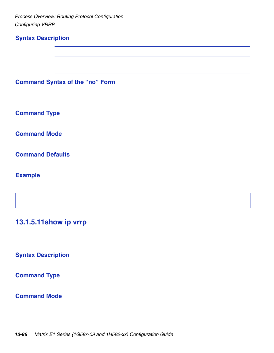 11 show ip vrrp, Show ip vrrp -86, Section 13.1.5.11 | 11show ip vrrp | Enterasys Networks 1G58x-09 User Manual | Page 680 / 808