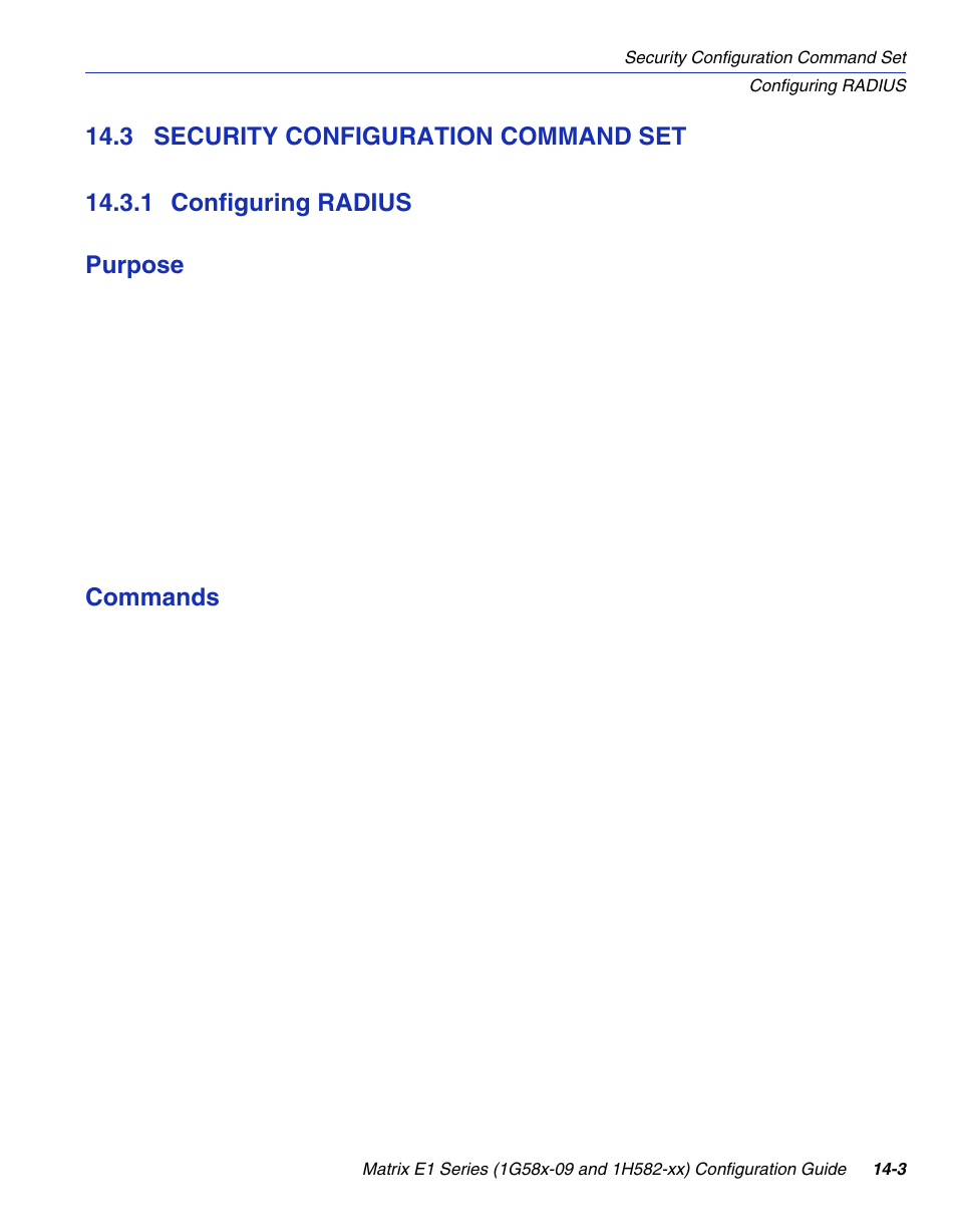 3 security configuration command set, 1 configuring radius, Security configuration command set -3 14.3.1 | Configuring radius -3, Fer to, Section 14.3.1, G radius | Enterasys Networks 1G58x-09 User Manual | Page 685 / 808