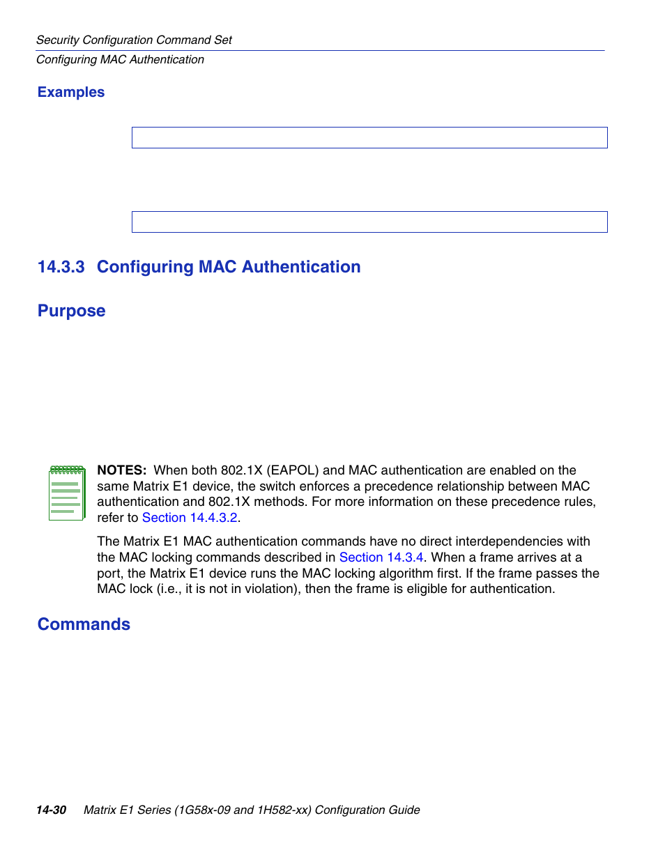 3 configuring mac authentication, Configuring mac authentication -30, Nfigure mac authentication, refer to | Section 14.3.3, Cation, 3 configuring mac authentication purpose, Commands | Enterasys Networks 1G58x-09 User Manual | Page 712 / 808