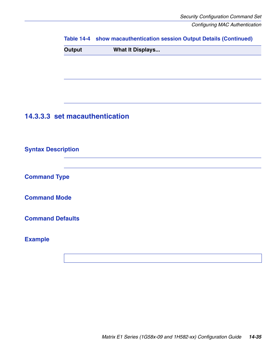 3 set macauthentication, Set macauthentication -35, Section 14.3.3.3 | Enterasys Networks 1G58x-09 User Manual | Page 717 / 808